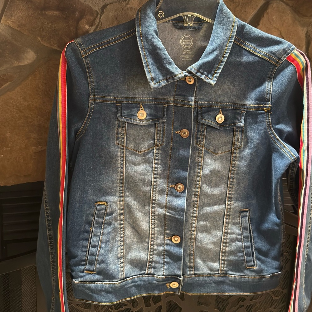 Juniors Denim Jacket with Rainbow Stripes